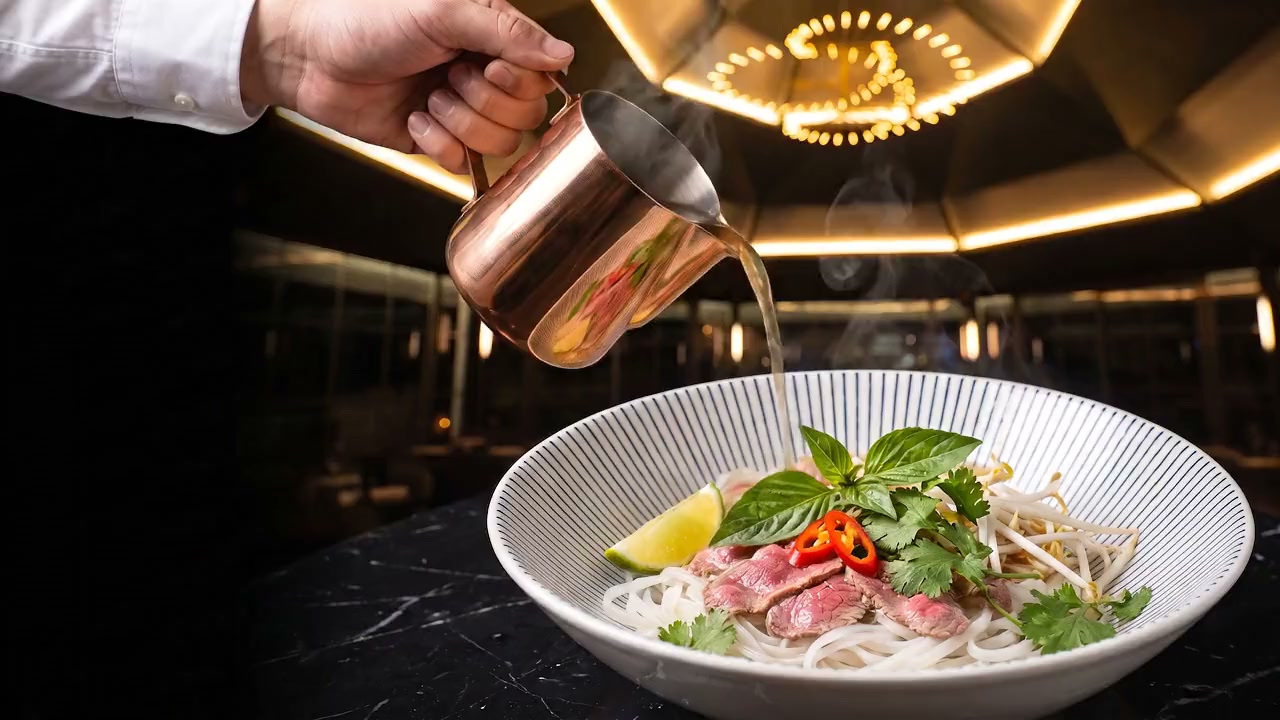 Un serveur verse le bouillon de Père dans le bol de pho