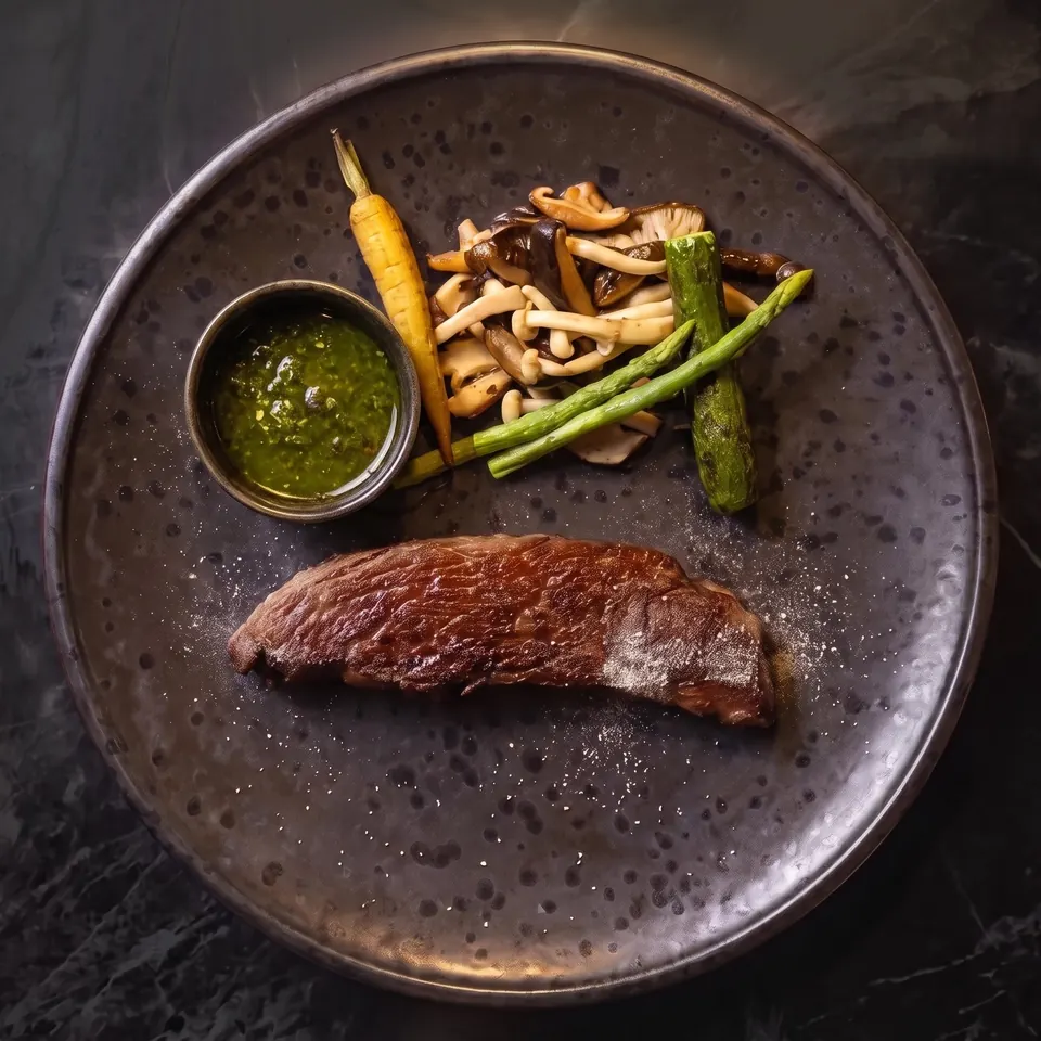 La bavette wagyu saisie, shimeji, asperges et chimichurri