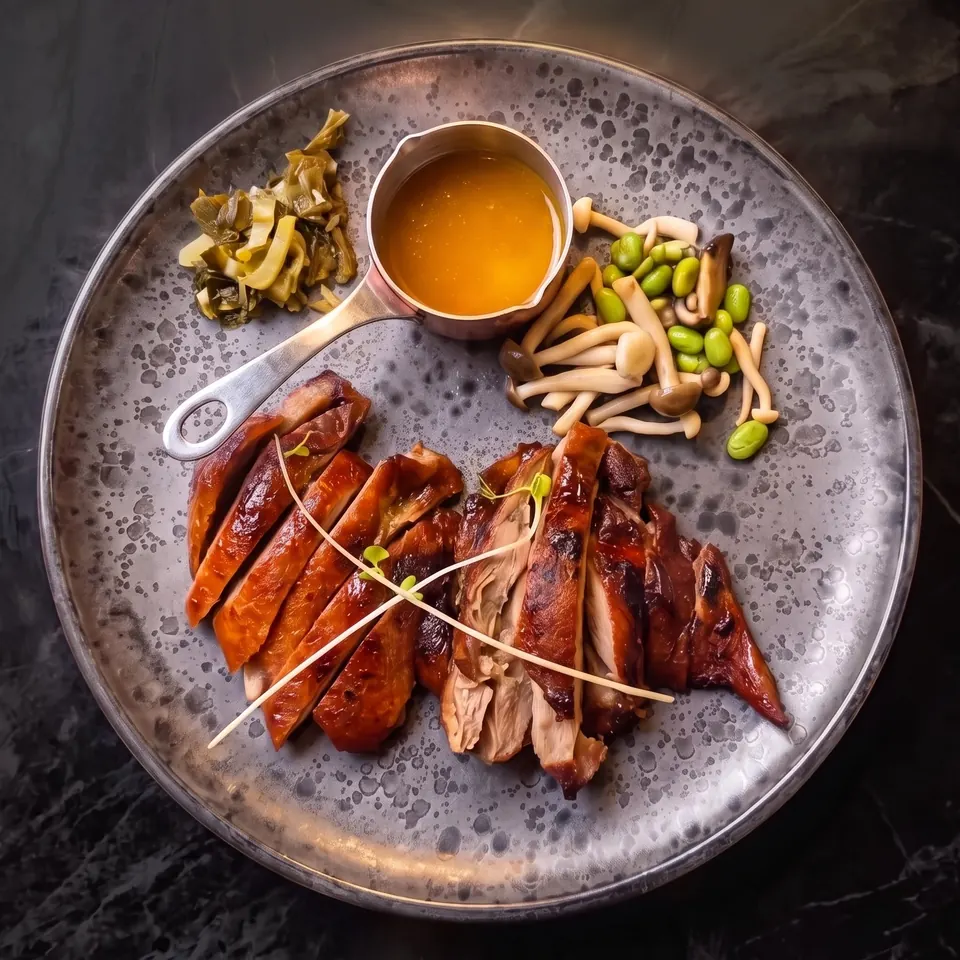 Tranches de canard laqué, petit poêlon de sauce à l'orange, shimeji et edamame