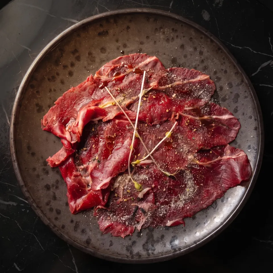 Le carpaccio de bœuf fumé sur une assiette en grès sombre, jeunes pousses et fleur de sel