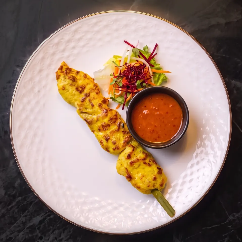 La brochette de Coucou saté, sa sauce saté et une petite salade