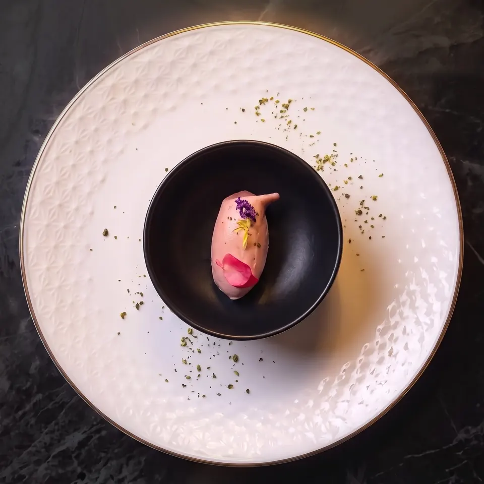 Une quenelle de sorbet hibiscus et gingembre décorée de fleurs comestibles