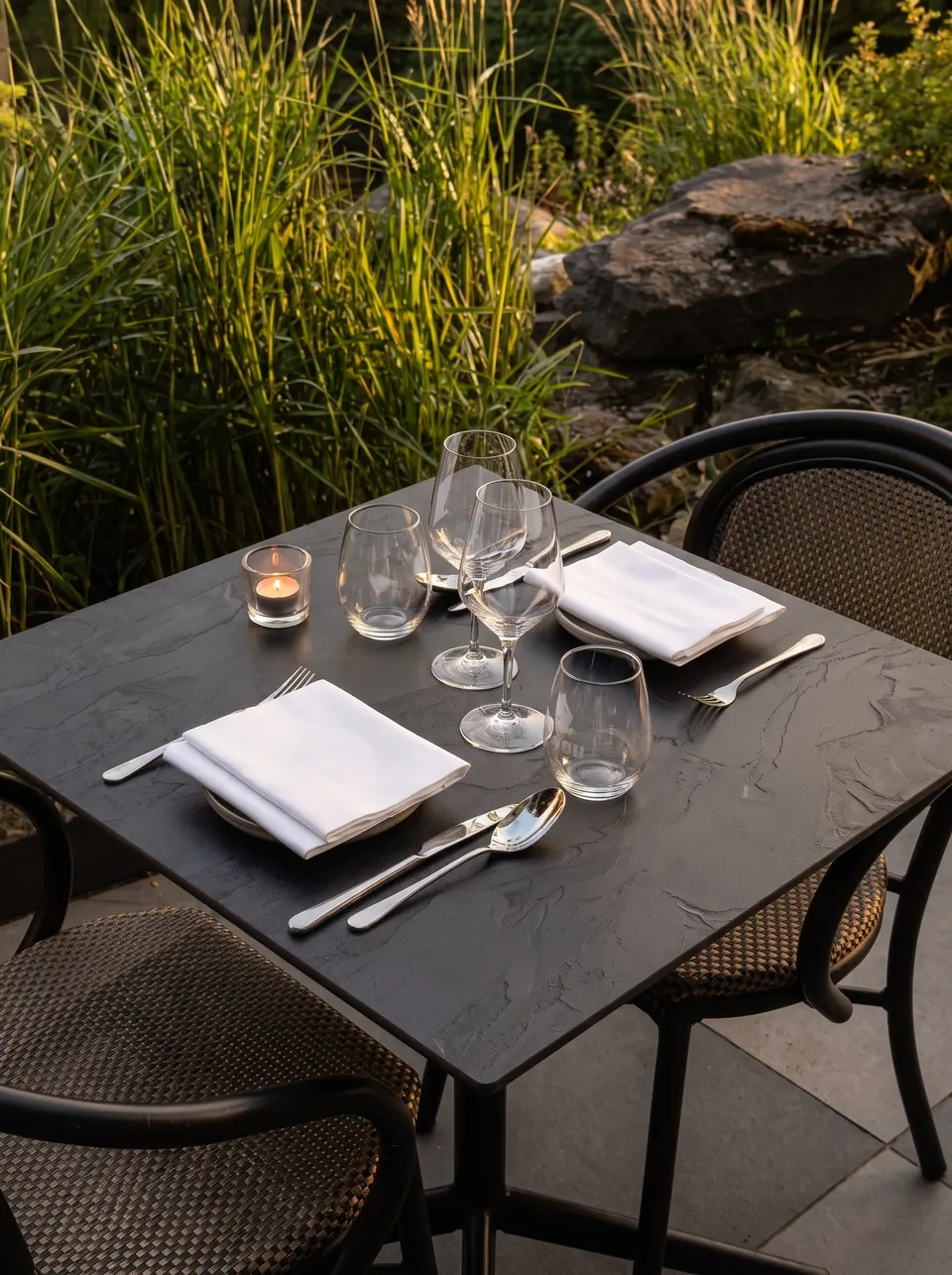 Une table dressée en terrasse dans la lumière dorée de fin de journée