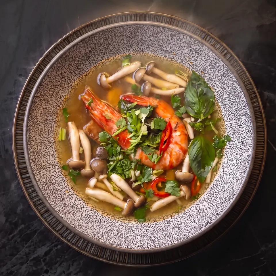 Le tom yam de gambas : bouillon doré, gambas, champignons, piment et coriandre