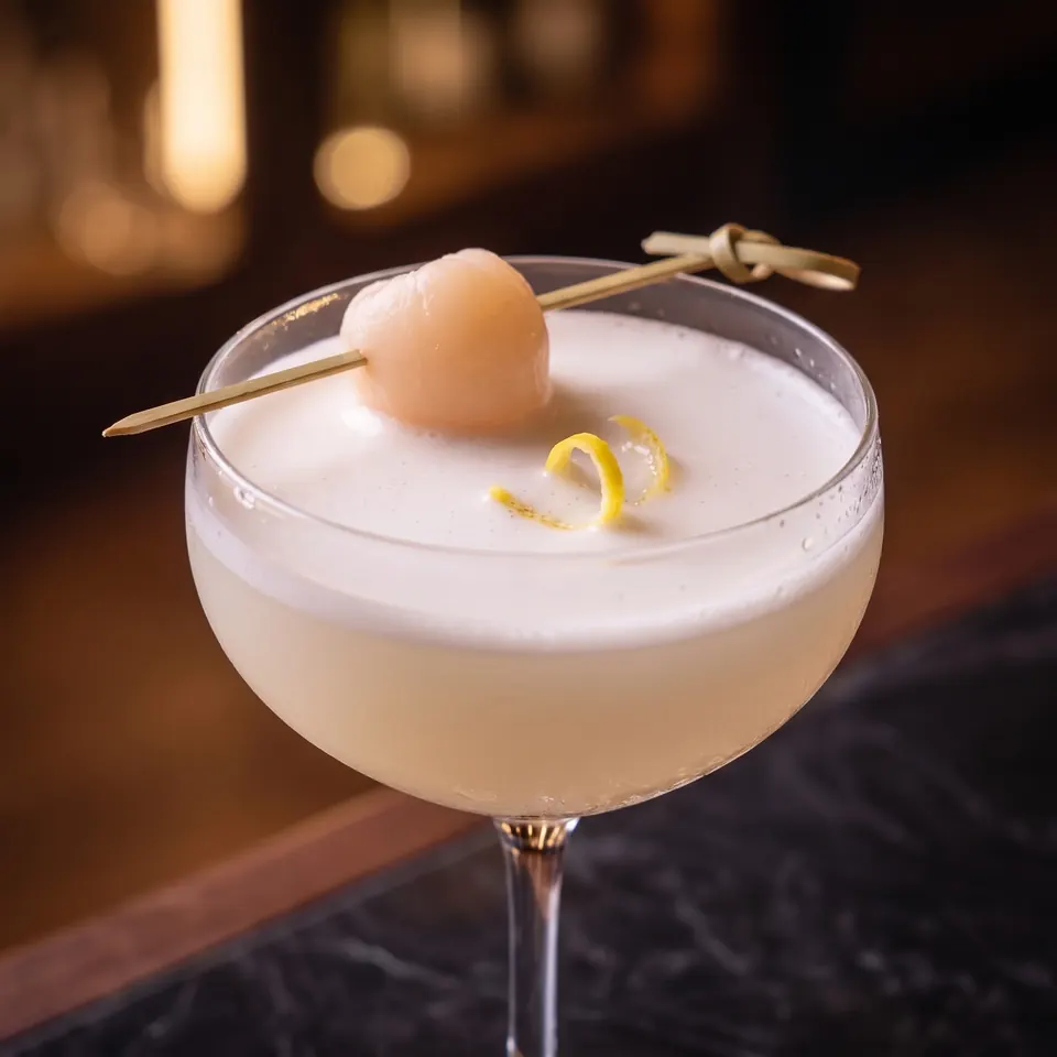 Le cocktail Le Toucher de Soie, ivoire et soyeux, garni d'un lychee